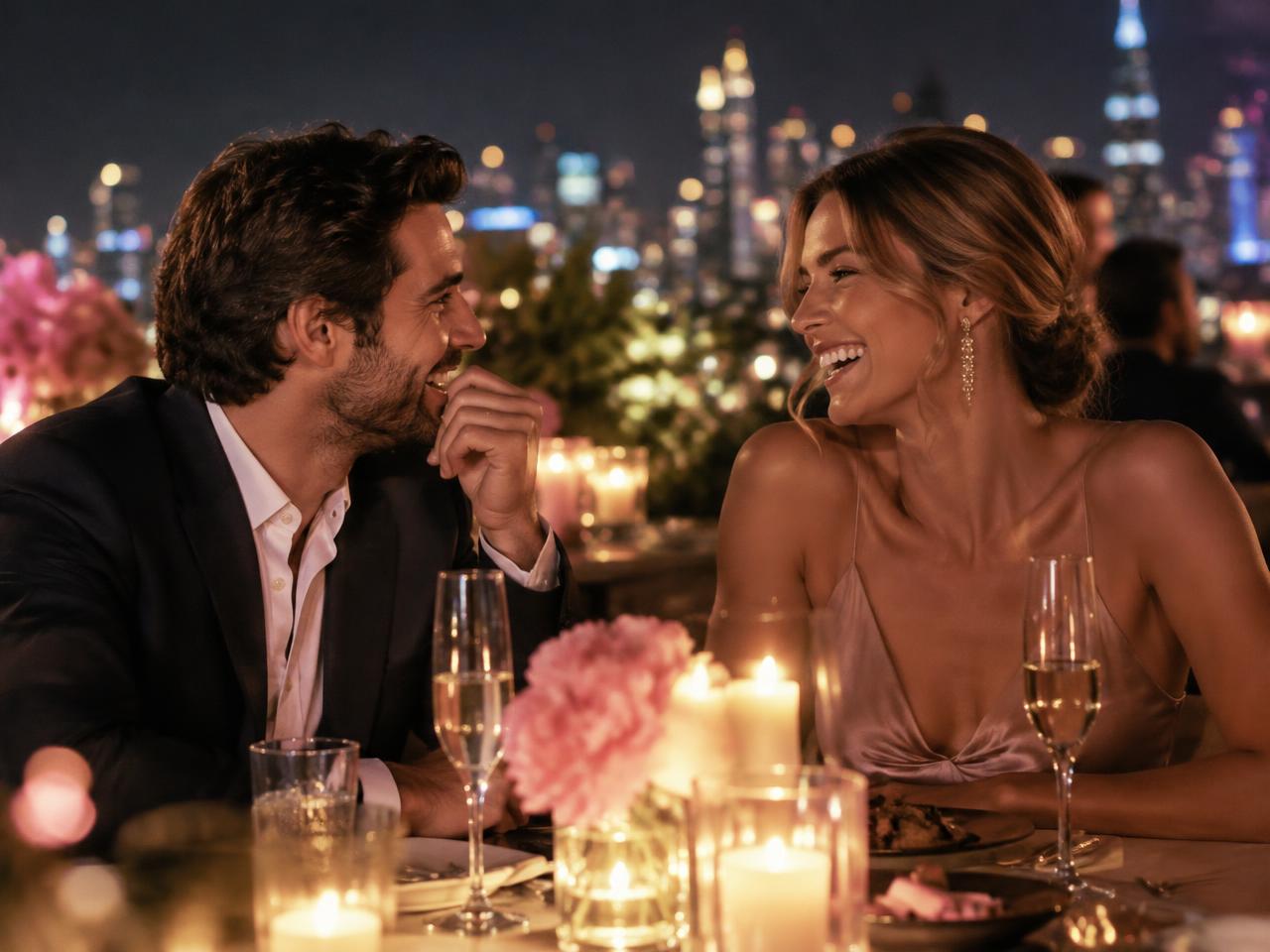 An elegant couple laughing together at a candlelit rooftop dinner