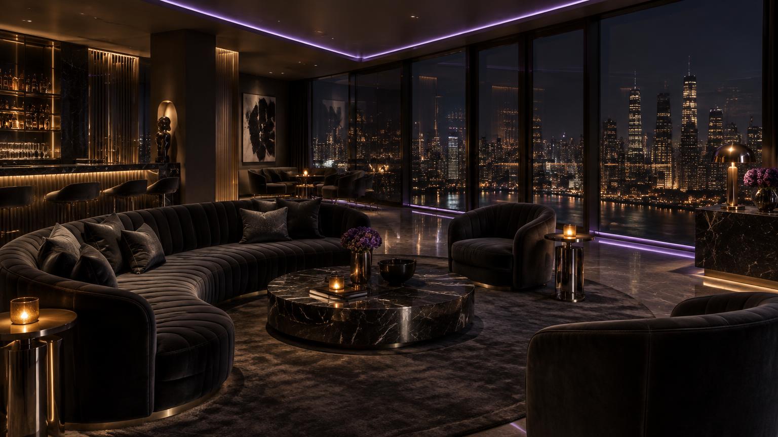 Concept artwork of a refined night lounge with sculpted graphite seating, brushed silver detailing, violet ambient light and a city skyline beyond the windows